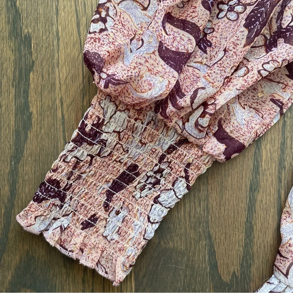 ANTHROPOLOGIE o.p.t Peach Floral Degage Metallic Boho Peasant Mini Dress - Picture 4 of 12